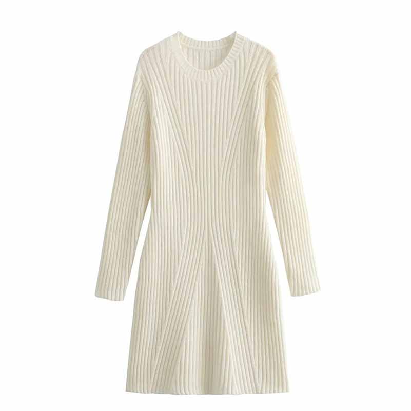 Women's cozy knit mini dress in cream with ribbed texture and long sleeves for comfortable wear