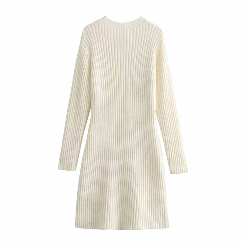 Women's cozy knit mini dress in white with ribbed texture and long sleeves