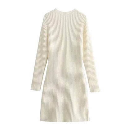 Women's cozy knit mini dress in white with ribbed texture and long sleeves