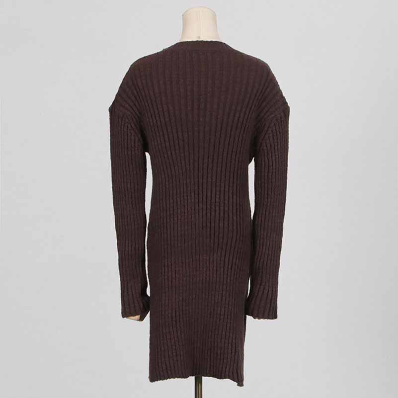 Back view of women's cozy knit mini dress in dark brown with ribbed texture and long sleeves