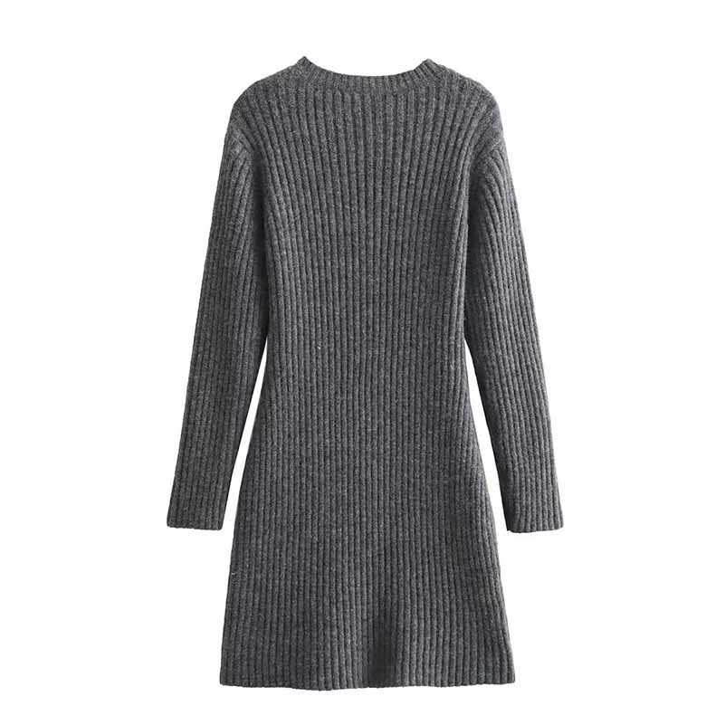 Gray women's cozy knit mini dress featuring a ribbed design and long sleeves