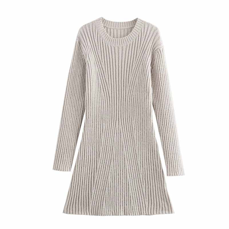 Women's cozy knit mini dress in light gray with textured ribbed design and long sleeves