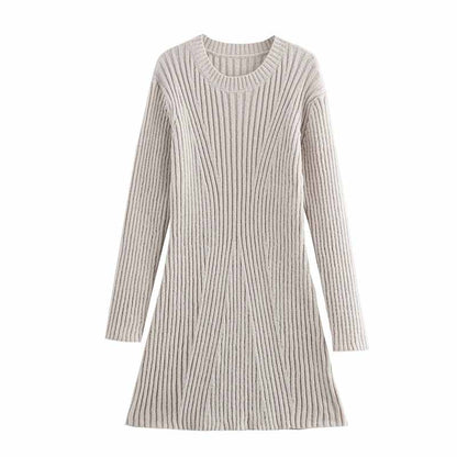 Women's cozy knit mini dress in light gray with textured ribbed design and long sleeves