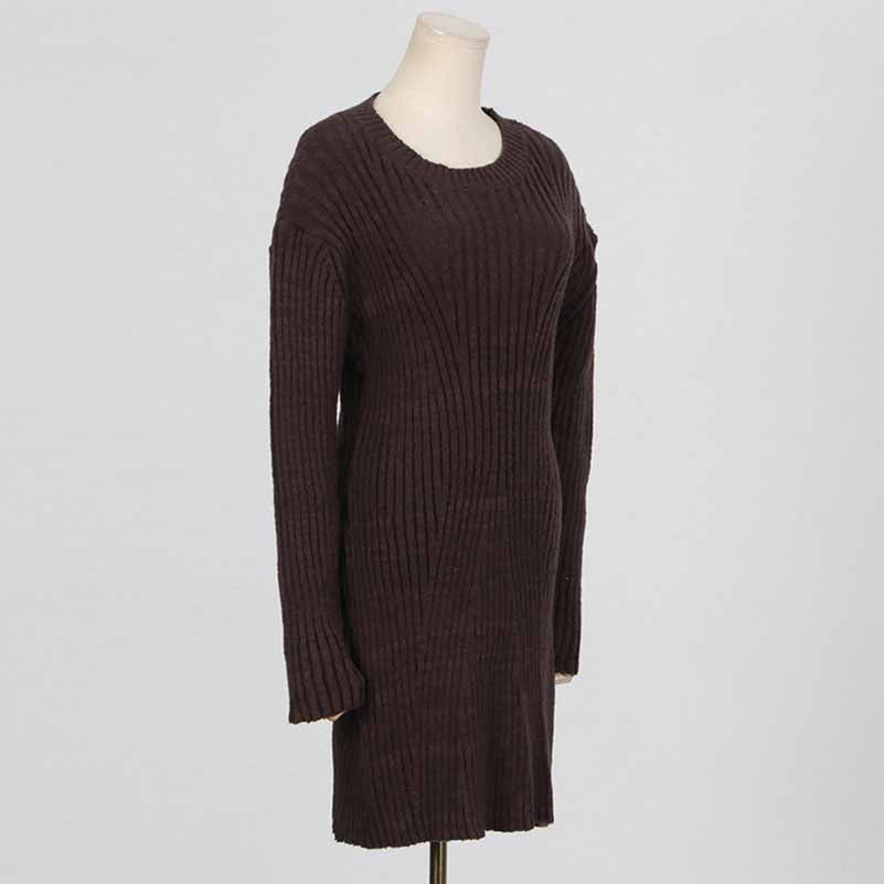 Women's cozy knit mini dress in dark brown with long sleeves and ribbed texture
