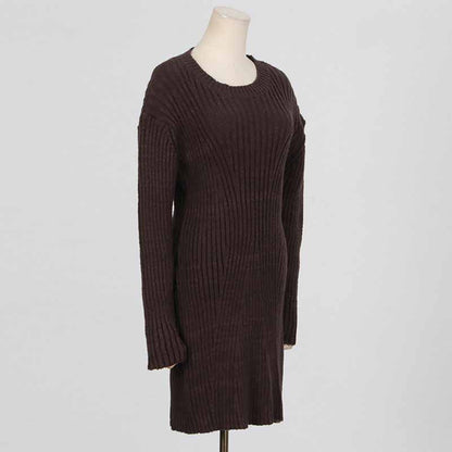 Women's cozy knit mini dress in dark brown with long sleeves and ribbed texture
