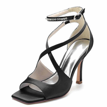 S&DCo. women's crossing strap dress heels in black with rhinestone ankle strap for elegant occasions
