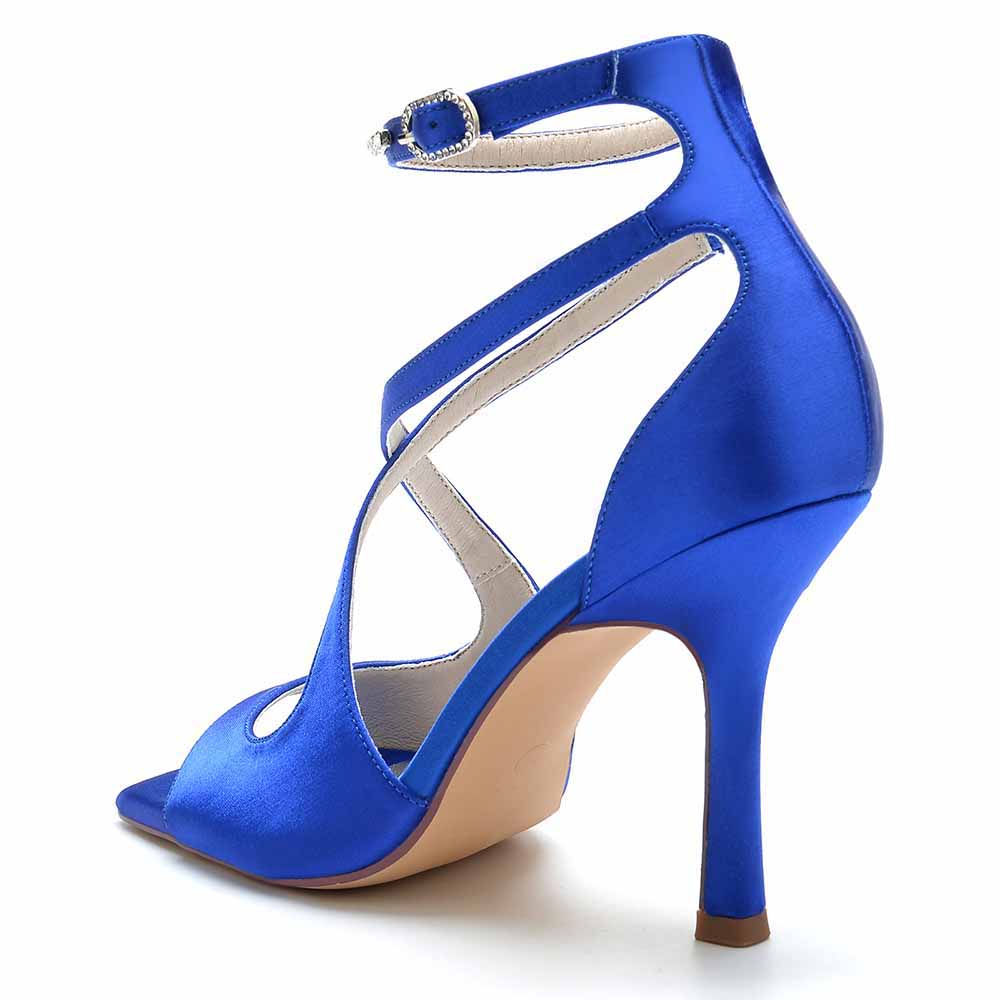S&DCo. women's crossing strap dress heels in blue satin with a stylish ankle strap design