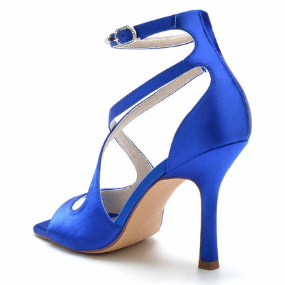 S&DCo. women's crossing strap dress heels in blue satin with a stylish ankle strap design