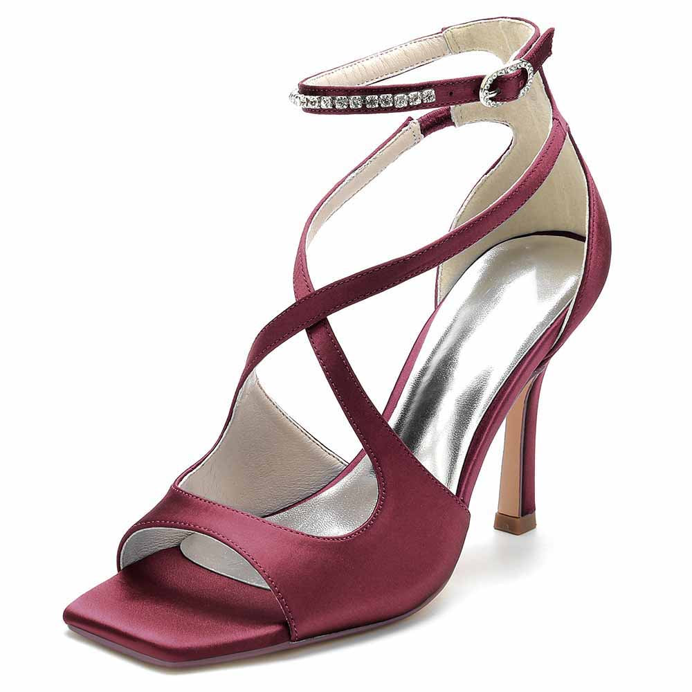 Elegant S&DCo. women's crossing strap dress heels in burgundy with sparkling ankle strap detail