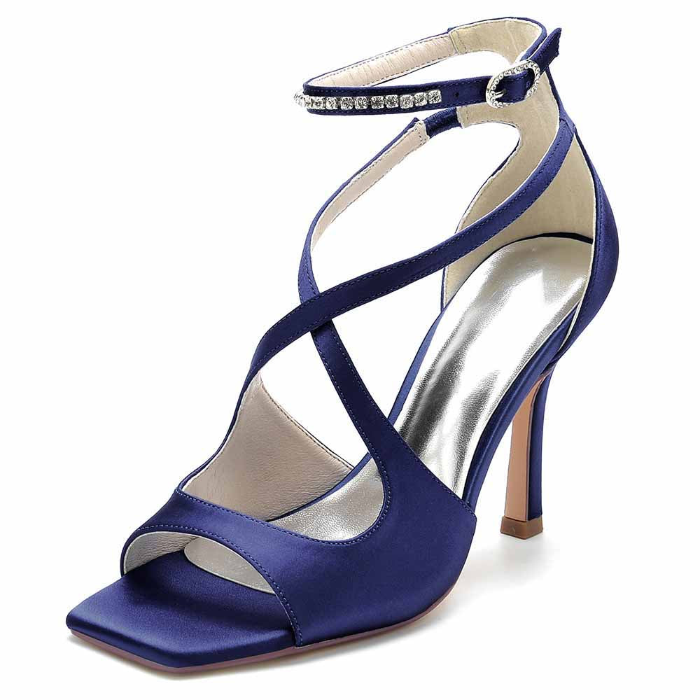 S&DCo. women's crossing strap dress heels in navy blue with ankle strap and elegant design.