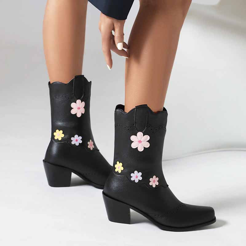 Women's cute mid-calf western boots in black with colorful flower accents for stylish outfits