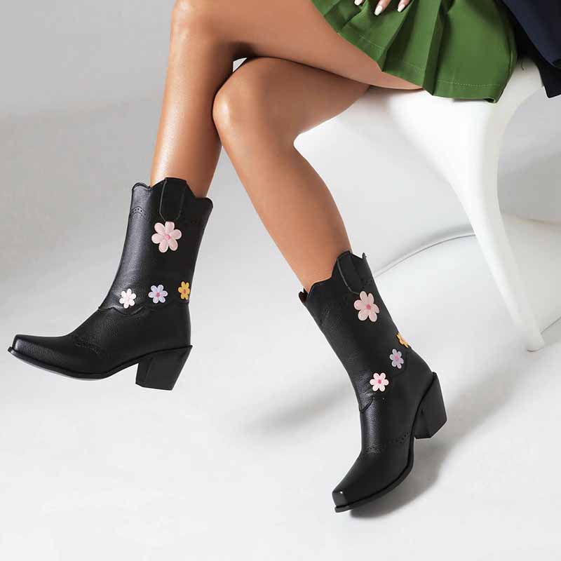 Stylish women's cute mid-calf western boots with colorful flower details for a trendy look