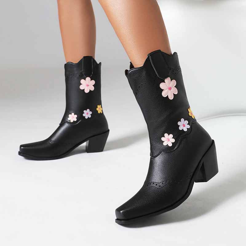 Women's cute mid-calf western boots with colorful flower embellishments and a stylish heel