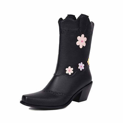 Women's cute mid-calf western boots with floral accents and a stylish heel for trendy outfits