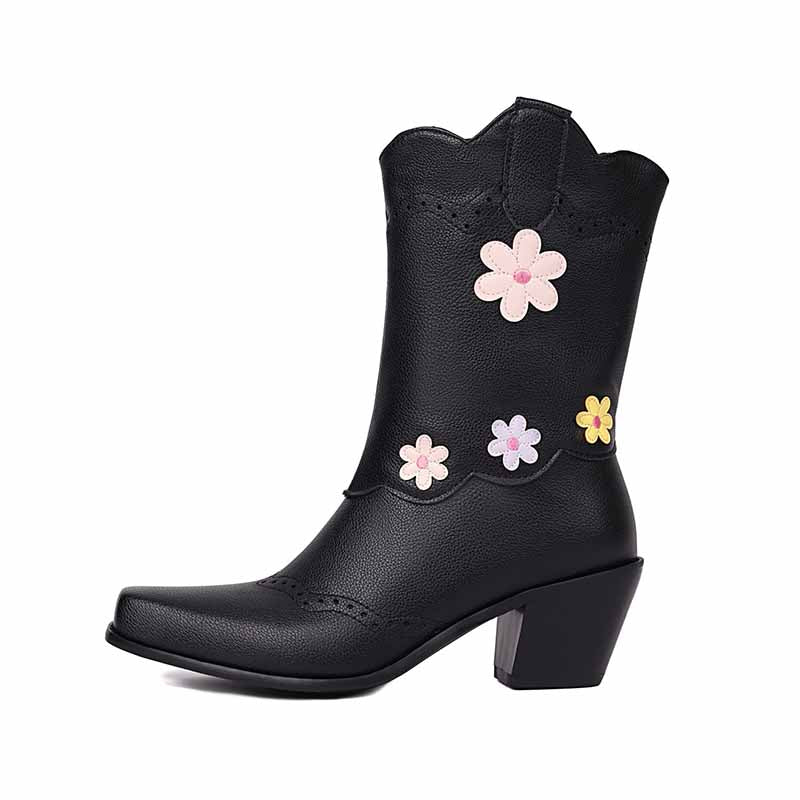 Women's cute mid-calf western boots in black leather with colorful flower accents and a stylish heel