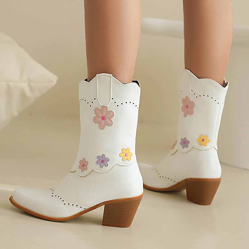 Women's cute mid-calf western boots with floral embroidery and a stylish heel