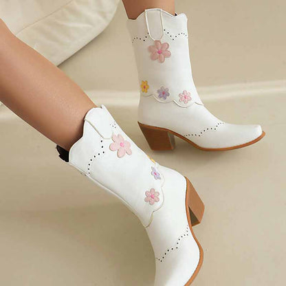 White women's cute mid-calf western boots with floral embroidery and a stylish heel