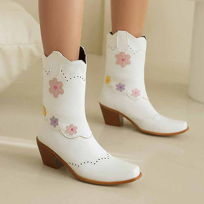 Stylish women's cute mid-calf western boots with colorful floral designs and a chic heel