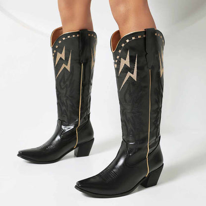 Stylish women's embroidered cowboy boots in black with unique zigzag design and block heels