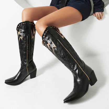 Stylish women's embroidered cowboy boots in black with decorative lightning designs and a sleek heel