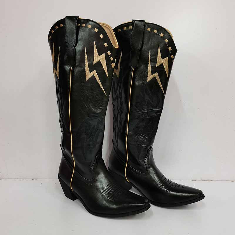 Women's embroidered cowboy boots in black with striking lightning design and pointed toe for stylish wear
