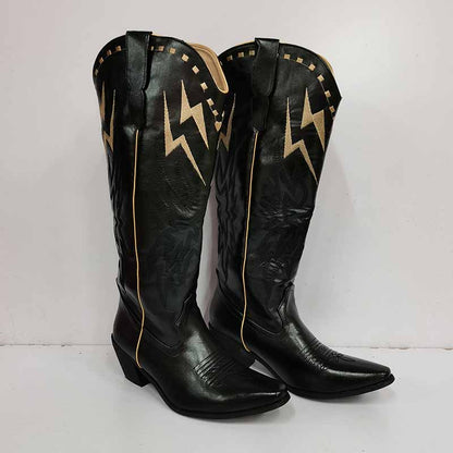 Women's embroidered cowboy boots in black with striking lightning design and pointed toe for stylish wear