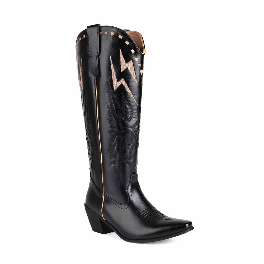 Women's embroidered cowboy boots in black with unique lightning bolt design and stylish silhouette