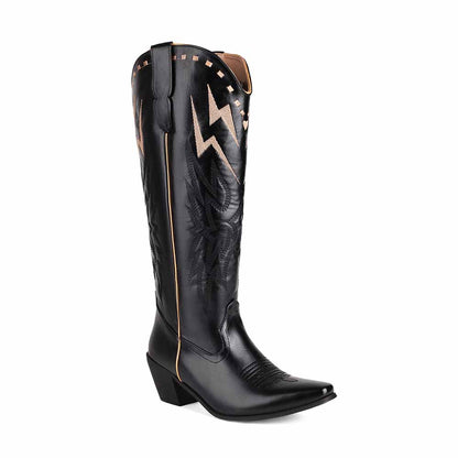 Women's embroidered cowboy boots in black with unique lightning bolt design and stylish silhouette