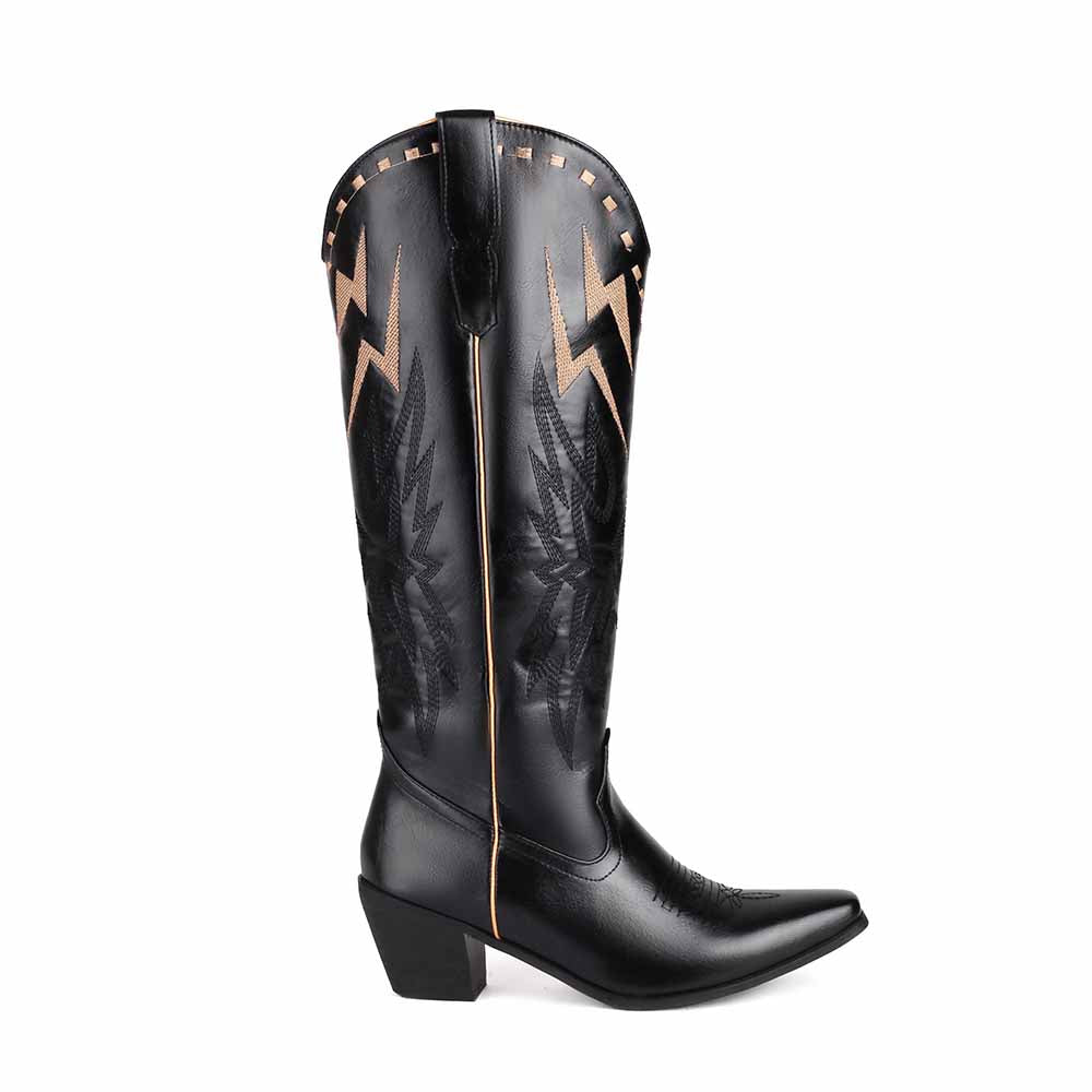 Black women's embroidered cowboy boots with stylish designs and a comfortable block heel