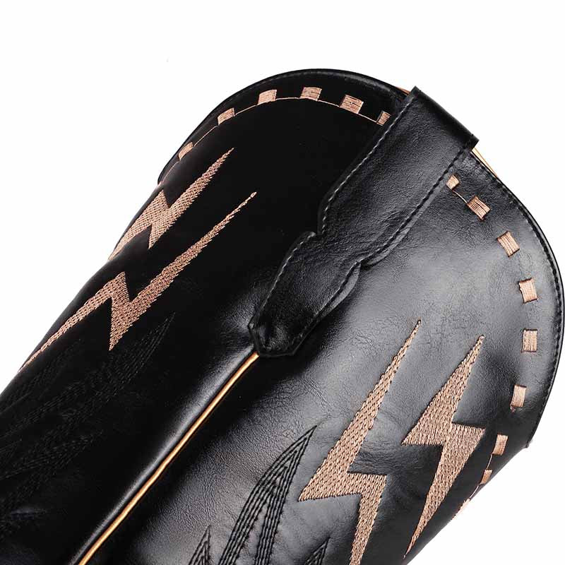 Close-up of women's embroidered cowboy boots featuring intricate stitching and unique design elements