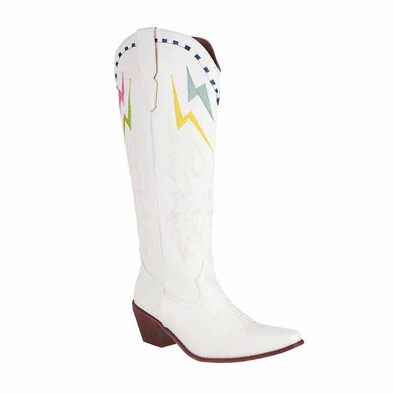 White women's embroidered cowboy boots featuring colorful lightning bolt designs and a stylish pointed toe