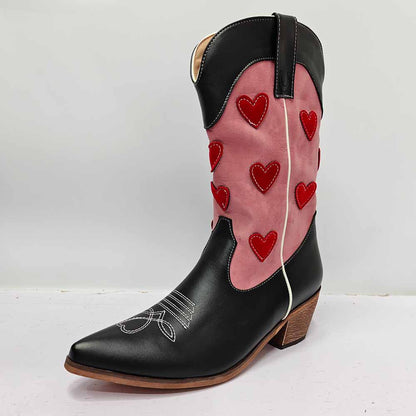 Stylish women's embroidered cowgirl boots in black and pink with heart designs and pointed toe