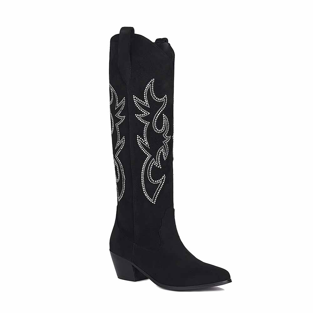 Stylish women's embroidered cowgirl boots with intricate design and a sleek black finish