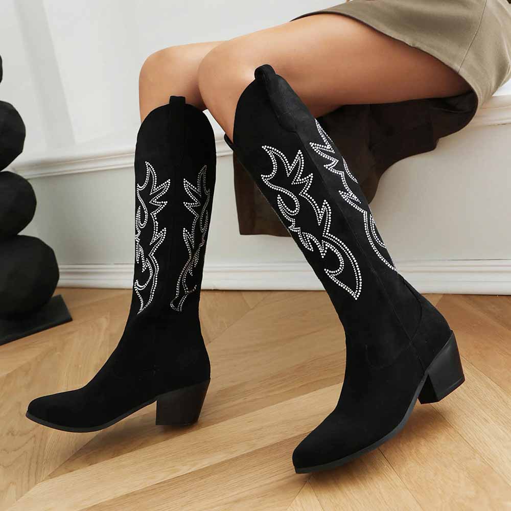 Women's embroidered cowgirl boots in black suede with stylish stitching for a trendy look