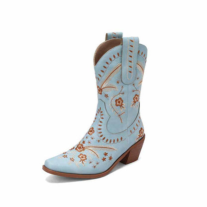 Women's embroidered cowgirl boots in blue with intricate floral designs and a stylish heel