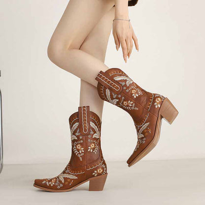 Stylish women's embroidered cowgirl boots in brown featuring intricate floral designs