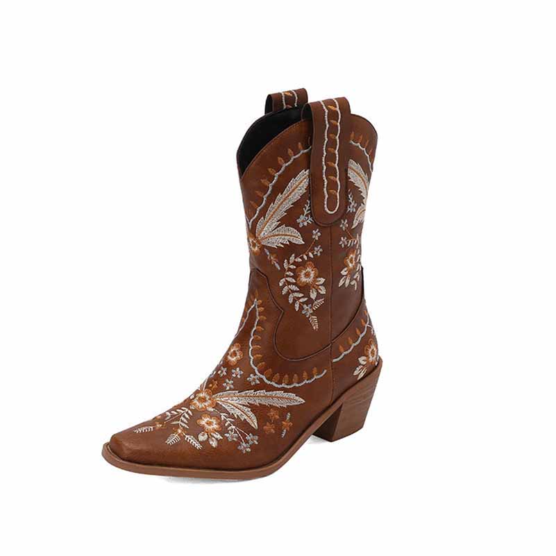 Women's embroidered cowgirl boots in brown with intricate floral designs and a stylish pointed toe
