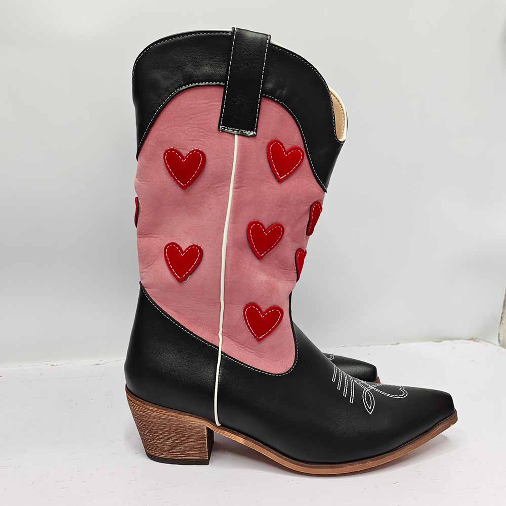Stylish women's embroidered cowgirl boots with heart designs and a chic black and pink color scheme