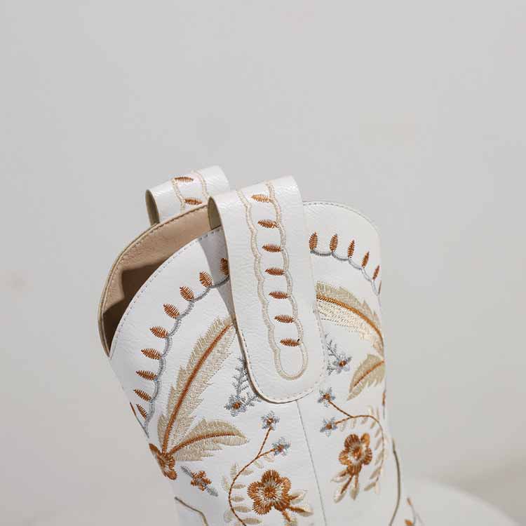 Close-up of women's embroidered cowgirl boots featuring intricate floral designs and sturdy stitching