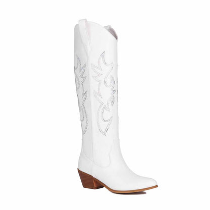 Stylish women's embroidered cowgirl boots in white with intricate stitching and a trendy heel