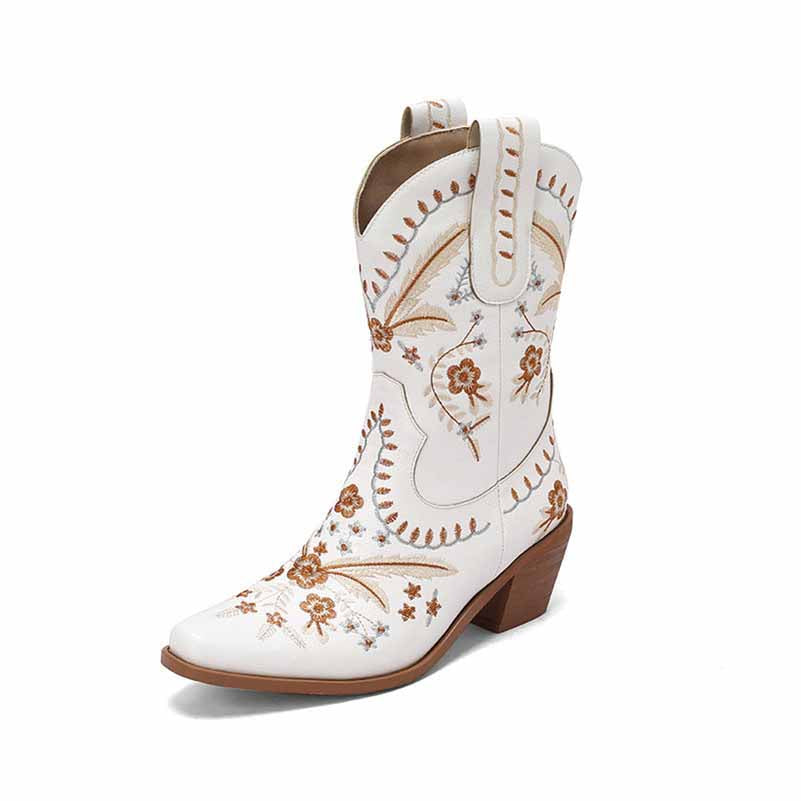 Stylish women's embroidered cowgirl boots in white with beautiful floral patterns and a stacked heel