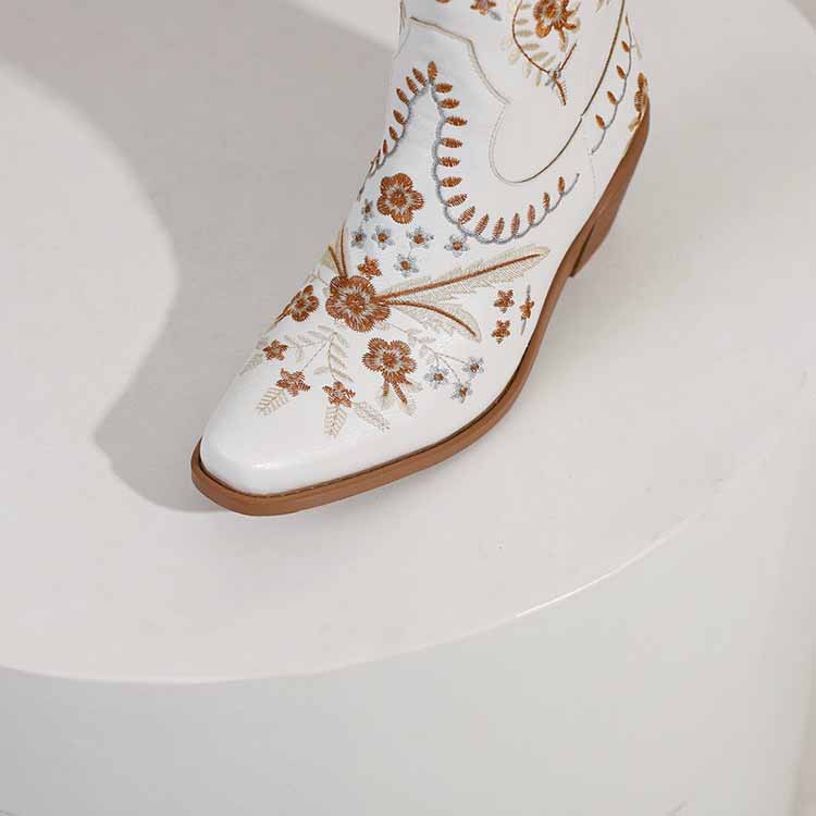 Stylish women's embroidered cowgirl boots in white with floral design for western-themed outfits