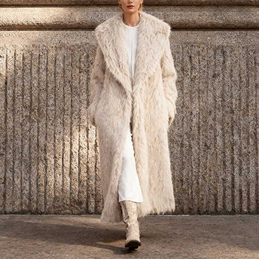 Elegant women's faux fur winter coat long in cream color for stylish warmth and comfort