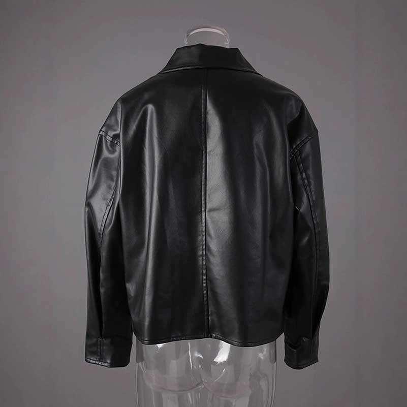 Back view of women's faux leather biker jacket showcasing a sleek, modern design