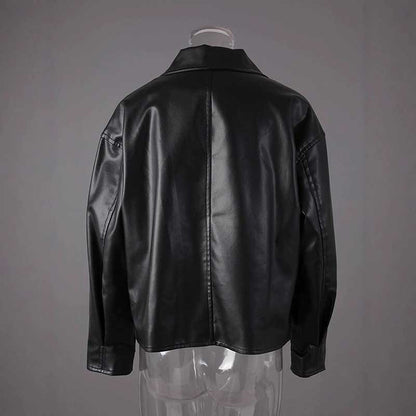 Back view of women's faux leather biker jacket showcasing a sleek, modern design