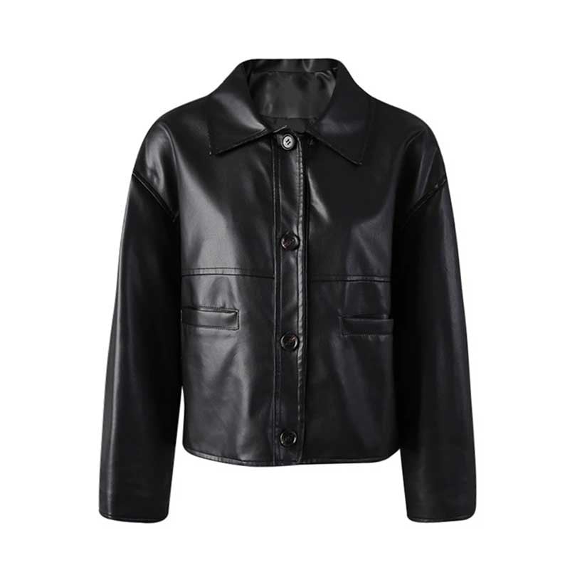 Women's faux leather biker jacket with a button-up front and stylish pockets for a trendy look