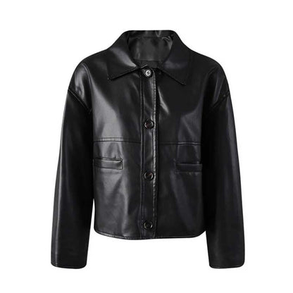 Women's faux leather biker jacket with a button-up front and stylish pockets for a trendy look