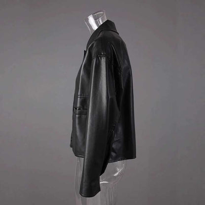 Stylish women's faux leather biker jacket in black with a sleek side view design