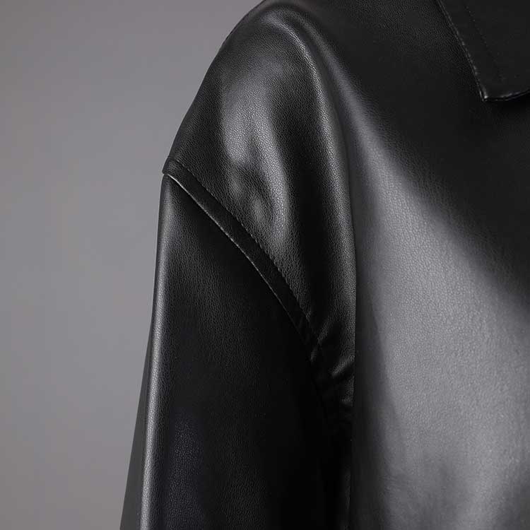 Close-up of black sd-hk women's faux leather biker jacket showcasing smooth texture and collar detail