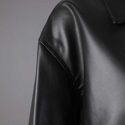 Close-up of black sd-hk women's faux leather biker jacket showcasing smooth texture and collar detail